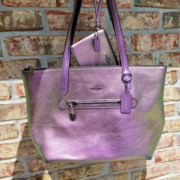 Coach Handbags - Coach Oil Slick Pebble Iridescent Tote and Wristlet